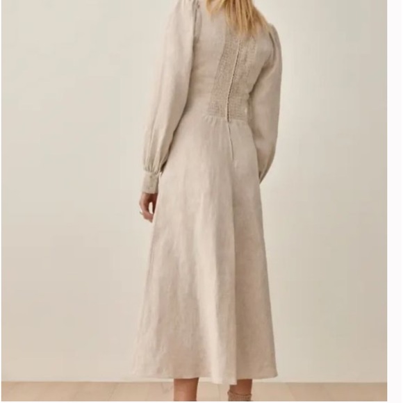 Reformation Anton Linen Dress in Oatmeal Midi Dress Slit Cut Out Neckline - Picture 4 of 7